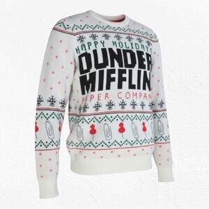 The Office Dunder Mifflin Holiday Fair Isle Knit Sweater White Red Size Small